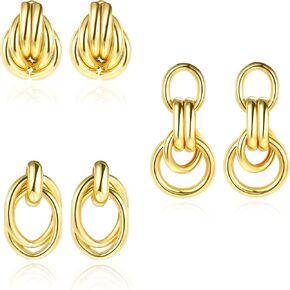 Mevorimp 3 Pairs Gold Hoop Drop Earrings Geometric Double Circle Knot Dangle Chunky Long Chain Statement Earring Sets for Women Birthday Gifts in Saudi Arabia