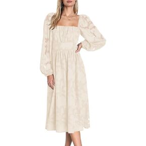 Ferlema Women's 2023 Fall Dresses Floral Lace Long Sleeve Elastic High Waist A Line Flowy Party Midi Dress