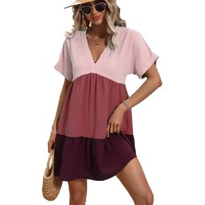 Floerns Women's V Neck Short Sleeve Ruffle Hem Colorblock Swing Shift Mini Dress