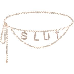 Women Metal Link Waist Chain Belt Sexy Rhinestone Letter Layer Belly Jewelry Body Chain for Dress