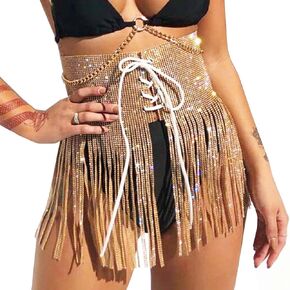 Jemiwa Women Rhinestones Hip Skirt Sparkly Tassel Belly Dance Tribal Fringe Skirt Scarfs Belt Costume Festival Outfits