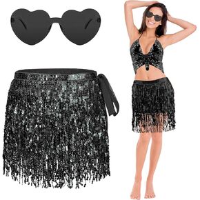 Belly Dance Skirt, Sequin Tassel Hip Scarf Skirt Fringe Wrap Costume Sparkle Party Rave Performance Outfits for Girls Women