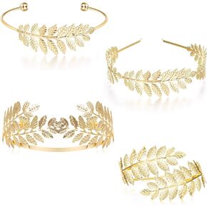 FUNRUN JEWELRY 4PCS Greek Goddess Headband Arm Cuff Bridal Jewelry Set Roman Laurel Leaf Branch Crown Armlet Upper Arm Band Bracelet for Women Party