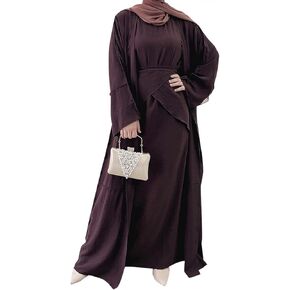 Women's Muslim Abaya Dress Three Pieces Set Islamic Prayer Robe Open Front Flowy Maxi Cardigan Dress