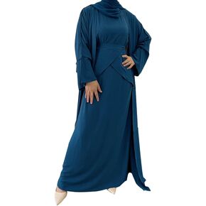 Women's Muslim Abaya Dress Three Pieces Set Islamic Prayer Robe Open Front Flowy Maxi Cardigan Dress