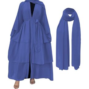 Muslim Chiffon Abaya for Women Open Front Cardigan Modest Dress with Hijab Scarf Middle East Arabian Robe Islamic Long Dress