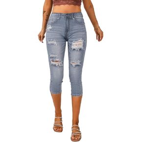 Vetinee Women's High Waisted Casual Ripped Skinny Slim Fit Stretch Denim Capri Jeans