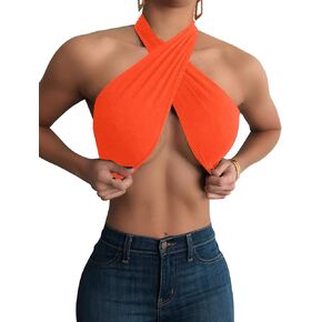 Mokoru Women's Sexy Sleeveless Halter Criss Cross Tank Crop Tops Self Tie Backless Cami in Kuwait