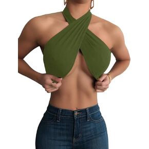 Mokoru Women's Sexy Sleeveless Halter Criss Cross Tank Crop Tops Self Tie Backless Cami in Kuwait