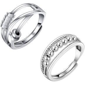 قطعتان من خواتم مضادة للقلق للنساء والرجال من ليتين، خاتم فيدجيت باند مع حلقات خرز دوارة لتقليل القلق، للجنسين قابل للتعديل من خيوط الغزل قابلة للتعديل مقاس 6-10 (فضي), معدن, بدون أحجار كريمة in Kuwait