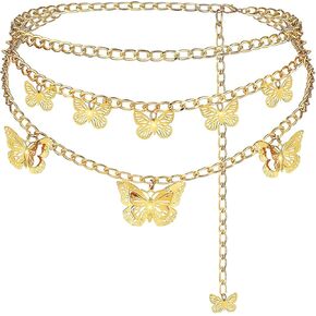 HUSSATOP Women Girls Multilayer Metal Belly Waist Chain Butterfly Waistband Belts Body Chain for Dress Jeans Causal