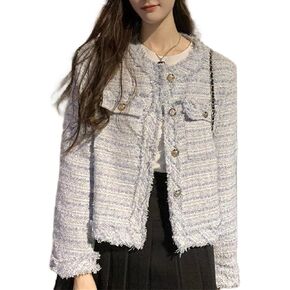 ZJFZML Women's Plaid Tweed Blazer Long Sleeve Open Front Cropped Blazer Elegant Work Office Short Jacket Coat