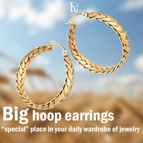 أقراط Deliyer الذهبية الكبيرة للنساء، حلقات ذهبية سميكة واسعة 18 قيراط مطلية بالذهب لا تسبب الحساسية أو 35 مم أقراط ذهبية مكتنزة للنساء هدية in Kuwait