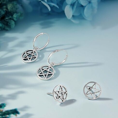 Adeley الفضة الاسترليني 2 أزواج أقراط هوب الخماسي وأقراط الخماسي، أقراط ساحرة، أقراط غير متماثلة، أقراط ساحرة، أقراط هوب القوطي، مجوهرات ساحرة للنساء، مجوهرات الويكا in Kuwait