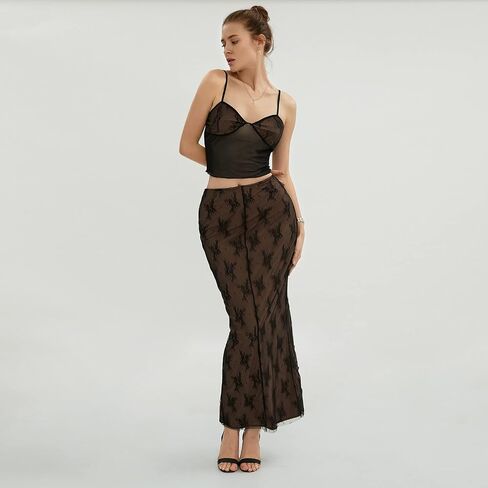 Lizxun النساء 2 قطعة ماكسي تنورة مجموعة حمالة الدانتيل تانك القمم ربط عالية الخصر Bodycon تنورة طويلة Y2K 2 قطعة وتتسابق الدعاوى in Kuwait
