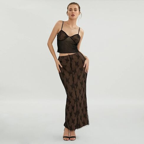 Lizxun النساء 2 قطعة ماكسي تنورة مجموعة حمالة الدانتيل تانك القمم ربط عالية الخصر Bodycon تنورة طويلة Y2K 2 قطعة وتتسابق الدعاوى in Kuwait