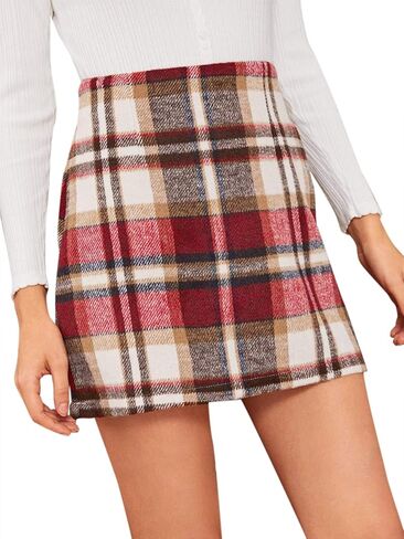 MakeMeChic Women's Plaid Skirt High Waisted Pencil Mini Skirt D Beige red XL in Kuwait