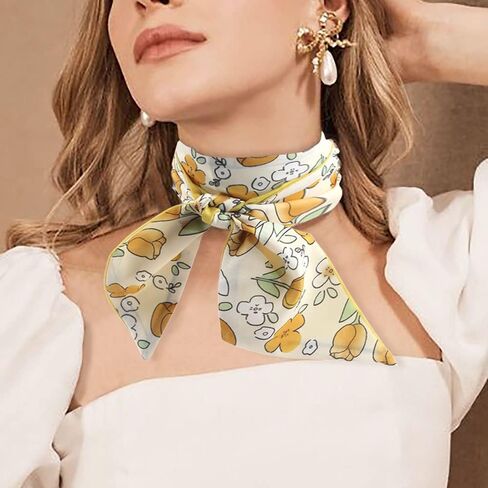 وشاح حريري للرأس، وشاح للرأس، وشاح من الساتان بشريط للشعر، وشاح للرقبة، وشاح للمحفظة، وشاح بتصميم زهرة عباد الشمس الاصفر، وشاح بتصميم هندسي على شكل شطرنج، وشاح منقط للنساء، هدية عصرية, اصفر in Kuwait