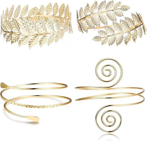 FUNRUN JEWELRY 4 قطع من عصابة رأس الآلهة اليونانية مجموعة مجوهرات الزفاف مجموعة مجوهرات الزفاف الرومانية من أوراق الغار فرع التاج سوار الذراع العلوي للنساء للحفلات in Kuwait