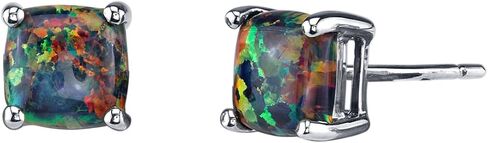 Peora 14K White Gold Created Black Fire Opal Stud Earrings for Women, Hypoallergenic Solitaire, Cushion Cut 6mm, 1 Carat total, October Birthstone, Friction Back in Saudi Arabia