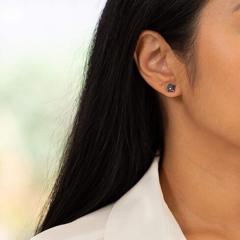Peora 14K White Gold Created Black Fire Opal Stud Earrings for Women, Hypoallergenic Solitaire, Cushion Cut 6mm, 1 Carat total, October Birthstone, Friction Back in Saudi Arabia