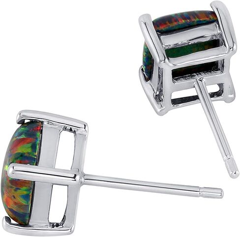 Peora 14K White Gold Created Black Fire Opal Stud Earrings for Women, Hypoallergenic Solitaire, Cushion Cut 6mm, 1 Carat total, October Birthstone, Friction Back in Saudi Arabia