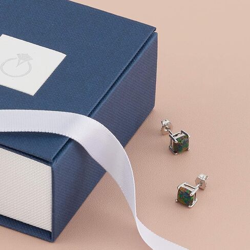 Peora 14K White Gold Created Black Fire Opal Stud Earrings for Women, Hypoallergenic Solitaire, Cushion Cut 6mm, 1 Carat total, October Birthstone, Friction Back in Saudi Arabia