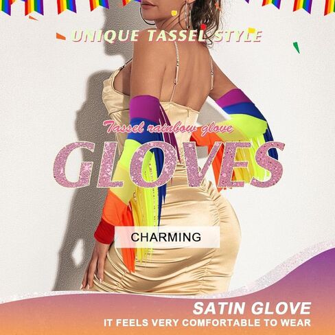 Yikisdy Fashion Rainbow Tassel Glove Fingerless Sexy Gloves Satin Glove Stretchy Goth Party Dance Costume for Women and Girls (Rainbow) in Kuwait