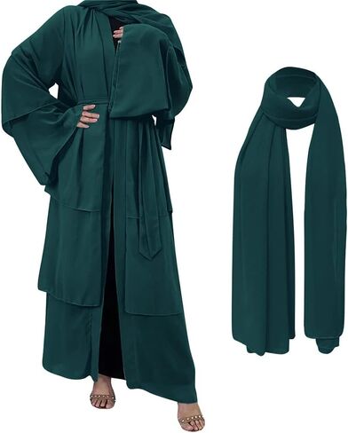 Muslim Chiffon Abaya for Women Open Front Cardigan Modest Dress with Hijab Scarf Middle East Arabian Robe Islamic Long Dress in Saudi Arabia