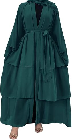 Muslim Chiffon Abaya for Women Open Front Cardigan Modest Dress with Hijab Scarf Middle East Arabian Robe Islamic Long Dress in Saudi Arabia