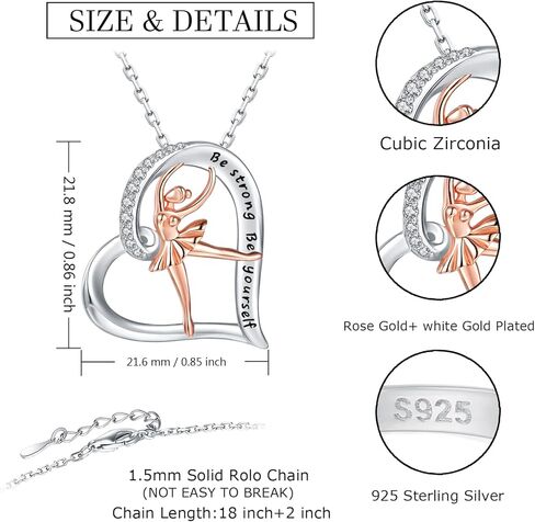 JZSANTI 925-Sterling-Silver Heart Ballet Dance Necklace - Rose Gold Lovers Ballerina Dancer Pendant Engraved Be strong Be yourself, Christmas Jewelry Gifts for Women Teen Girls in Kuwait