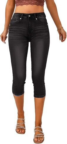 Vetinee Women's High Waisted Casual Ripped Skinny Slim Fit Stretch Denim Capri Jeans in Kuwait