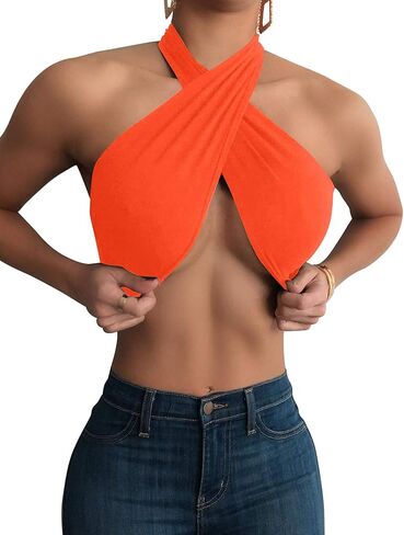 Mokoru Women's Sexy Sleeveless Halter Criss Cross Tank Crop Tops Self Tie Backless Cami in Kuwait