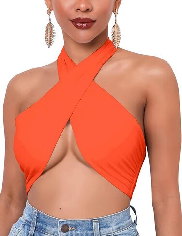 Mokoru Women's Sexy Sleeveless Halter Criss Cross Tank Crop Tops Self Tie Backless Cami in Kuwait