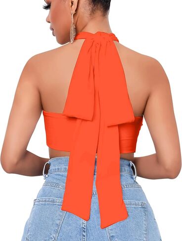 Mokoru Women's Sexy Sleeveless Halter Criss Cross Tank Crop Tops Self Tie Backless Cami in Kuwait