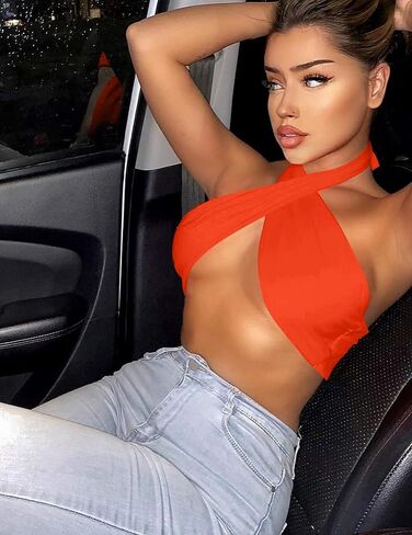 Mokoru Women's Sexy Sleeveless Halter Criss Cross Tank Crop Tops Self Tie Backless Cami in Kuwait