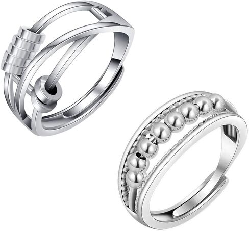 قطعتان من خواتم مضادة للقلق للنساء والرجال من ليتين، خاتم فيدجيت باند مع حلقات خرز دوارة لتقليل القلق، للجنسين قابل للتعديل من خيوط الغزل قابلة للتعديل مقاس 6-10 (فضي), معدن, بدون أحجار كريمة in Kuwait