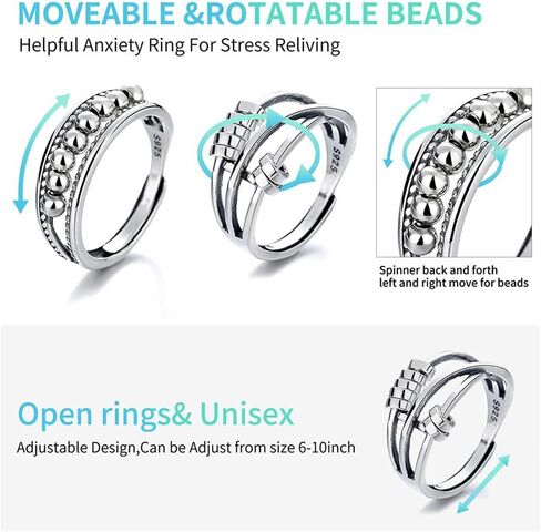 قطعتان من خواتم مضادة للقلق للنساء والرجال من ليتين، خاتم فيدجيت باند مع حلقات خرز دوارة لتقليل القلق، للجنسين قابل للتعديل من خيوط الغزل قابلة للتعديل مقاس 6-10 (فضي), معدن, بدون أحجار كريمة in Kuwait