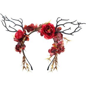 KorViSHOW Fairy Deer Antlers Branches Flower Crowns Headband Bohemian Headpiece Woodland Floral Tiara Hairband Forest Goddess Hair Hoop Elf Cosplay Costume Wedding Headdress…