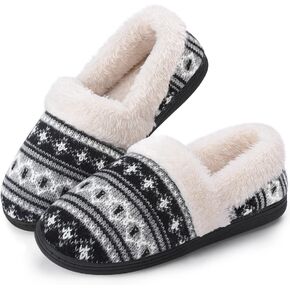Homitem Women's Slip-On Knit Slippers Memory Foam Slippers Fuzzy Wool-Like Plush Fleece Lined House Shoes Indoor/Outdoor Anti-Skid Rubber Sole (Size 7-8,Dark Blue