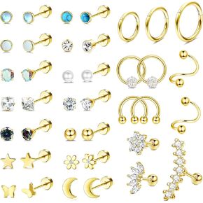 HAIAISO 40Pcs Surgical Steel Cartilage Stud Earrings Set for Women Men CZ Opal Stud Hoop Earrings Helix Conch Daith Earrings Piercing 20G Screw Flat Back Earrings Jewelry