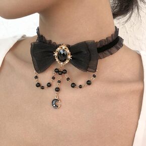Xerling Gothic Black Bow Tie Necklaces for Women Girls Lace Choker Necklace Beaded Moon Pendant Necklace for Halloween Black Gem Chain Bow-knot Necklace