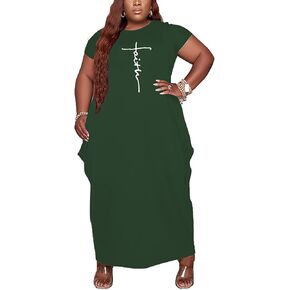 Fooullaide Women Casual Plus Size Dress Summer Short Sleeve V Neck T Shirt Loose Oversize Flowy Long Dresses with Pocket