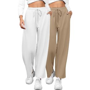 Locoowai 2 Pack Women Straight Leg Sweatpants Drawstring Elastic Waist Baggy Wide Leg Pants Casual Joggers with Pockets