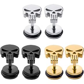 Stainless Steel Punisher Skull Stud Earrings Rock Skeleton Screw Back Earrings for Men Women (F016-3 Pairs) in Saudi Arabia
