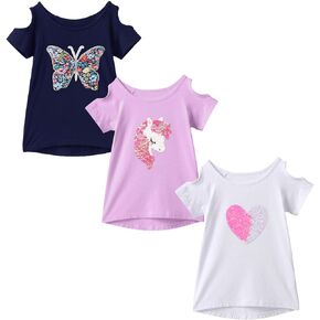 IRELIA 3 Pack Girls Crew Neck Tee Short Sleeve Shirts with Cold Shoulder