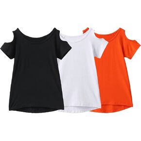 IRELIA 3 Pack Girls Crew Neck Tee Short Sleeve Shirts with Cold Shoulder