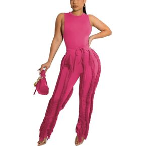 PRIVIMIX Women 2 Piece Outfits Tassel Fringe Long Sleeve Pants Set High Waisted Sweatsuit Clubwears Set