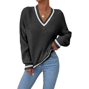 OYOANGLE Women's Ribbed Knit Preppy Sweater Long Sleeve V Neck Drop Shoulder Top