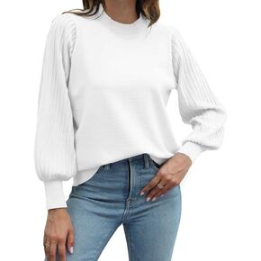 Ybenlow Women's 2023 Casual Crewneck Pleated Lantern Long Sleeve Pullover Sweater Loose Ribbed Knit Jumper Tops